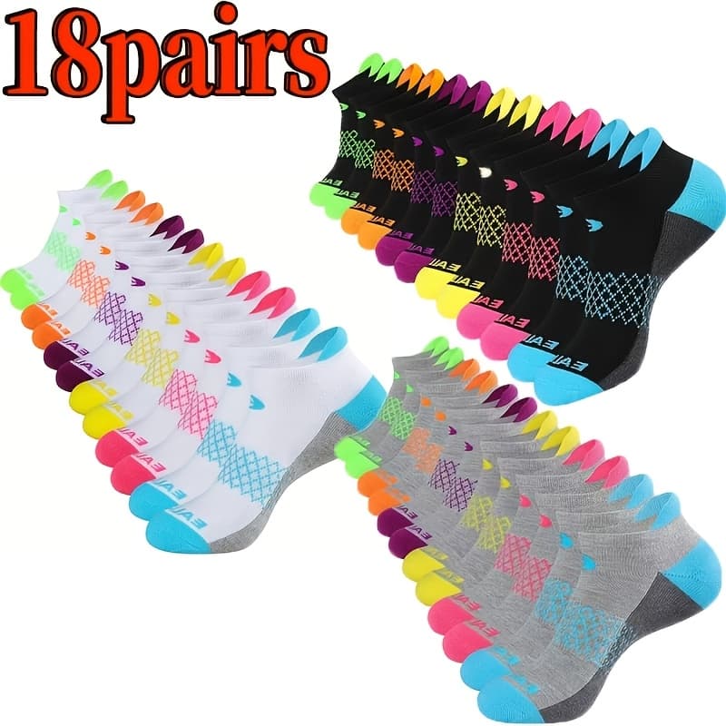 TEMU 18 Pairs Colorful Stripes Women's Sports Socks - Elastic Non-slip Low Cut Breathable Running Athletic Socks, Hand Washable, Suitable For Spring And Summer Basketball Gym Exercise, Fit