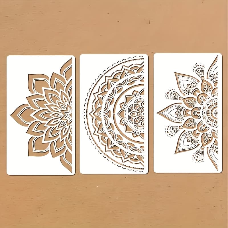 TEMU 3pcs Set 8.0x14.0 Inch Reusable Mandala Templates - Plastic Painting Stencils, For Wall Art, Tiles, Furniture, Wood, Canvas And Indoor Outdoor Decor