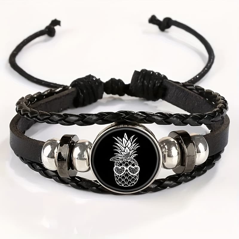 TEMU Adjustable Vintage Bracelet With Fashion Glasses Pineapple Charm Necklace Pendant - Stylish Black Leather Wristband For Casual Attire, For Teenager