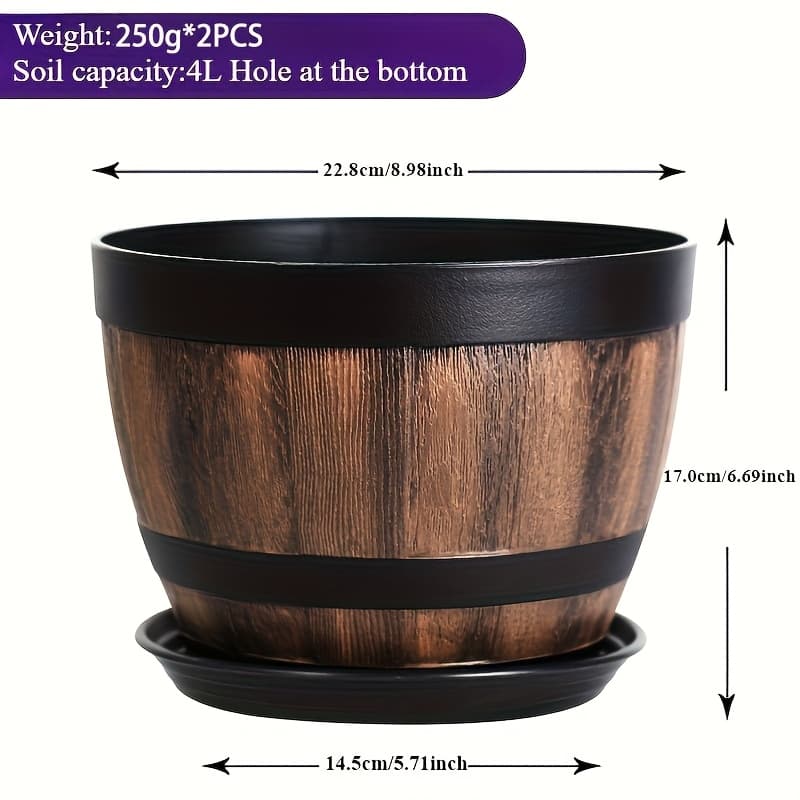 TEMU 2/4pcs Vintage Whiskey Planter - Resin Striped Pattern, 2pcs Oval Plastic Pot With Drainage Hole & Saucer, Ideal For Herbs, Flowers, Succulents, Indoor & Outdoor Use