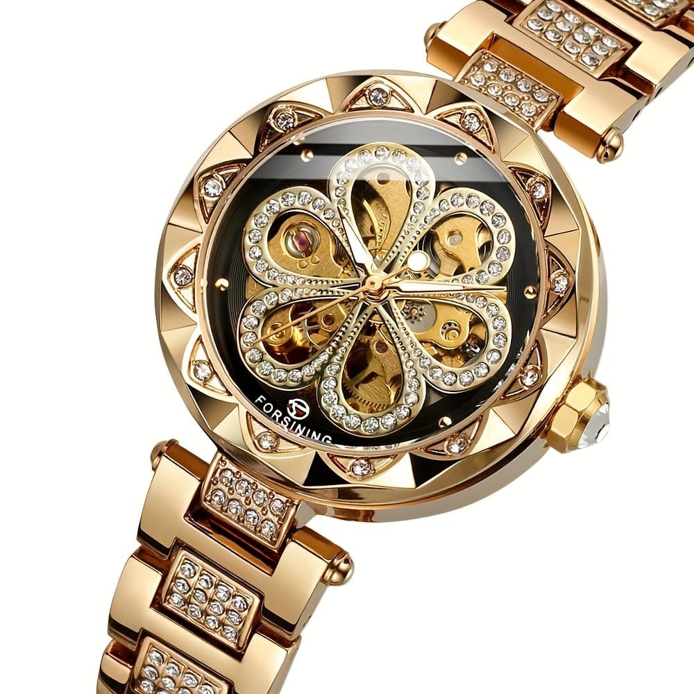 TEMU Women Ladies Automatic Mechanical Watch With Inlaid Rhinestones: Hollowed-out Dial With Dial