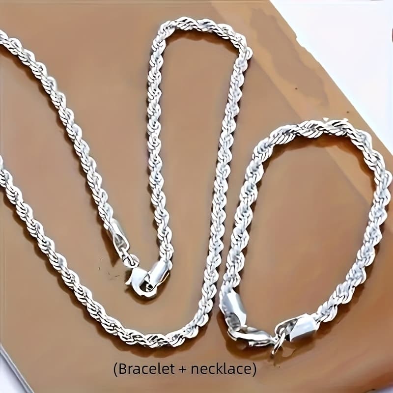 TEMU (bracelet + Necklace) Silvery Plated 4mm Twist Rope Bracelet Necklace For Men And Women