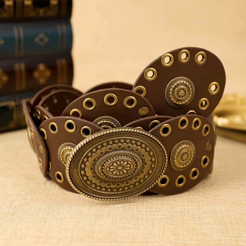 TEMU Stylish Bohemian Belt With An Oval Studded , Featuring Ethnic Design And Vintage Eyelet Details, Perfect For Fashion Decoration