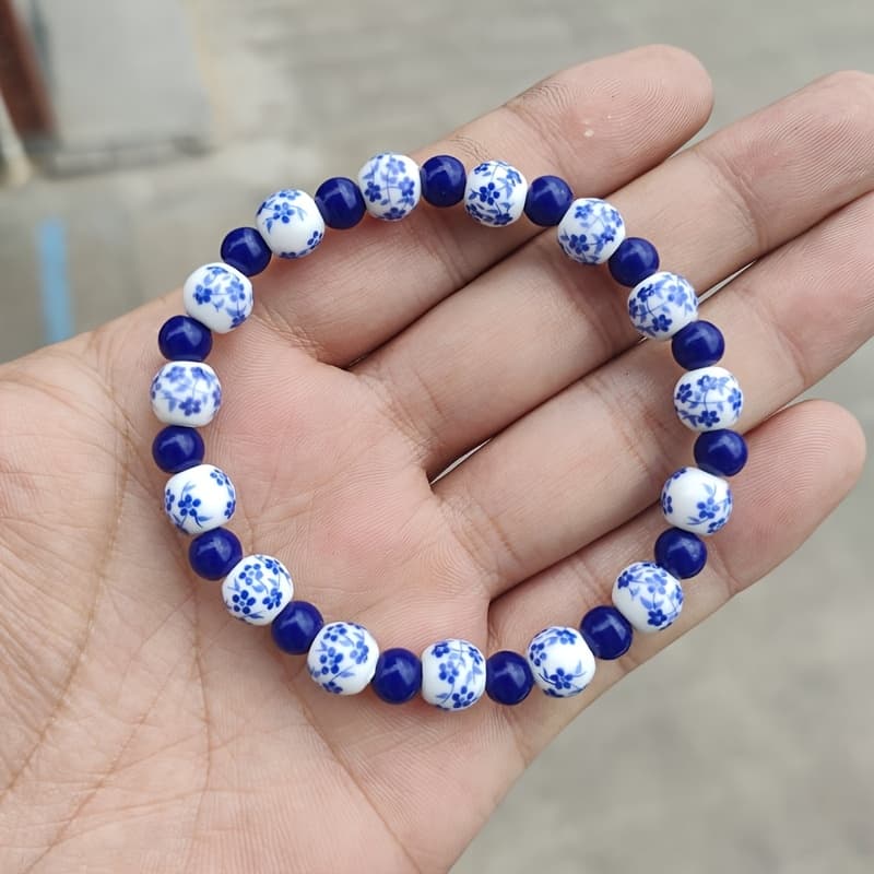 TEMU Bohemian Handmade Orchid Ceramic Beads Bracelet, Elegant Blue And White Porcelain Beads Bracelet, Elastic Cord Beaded Bracelet, Perfect Gift For Thanksgiving//valentine's Day