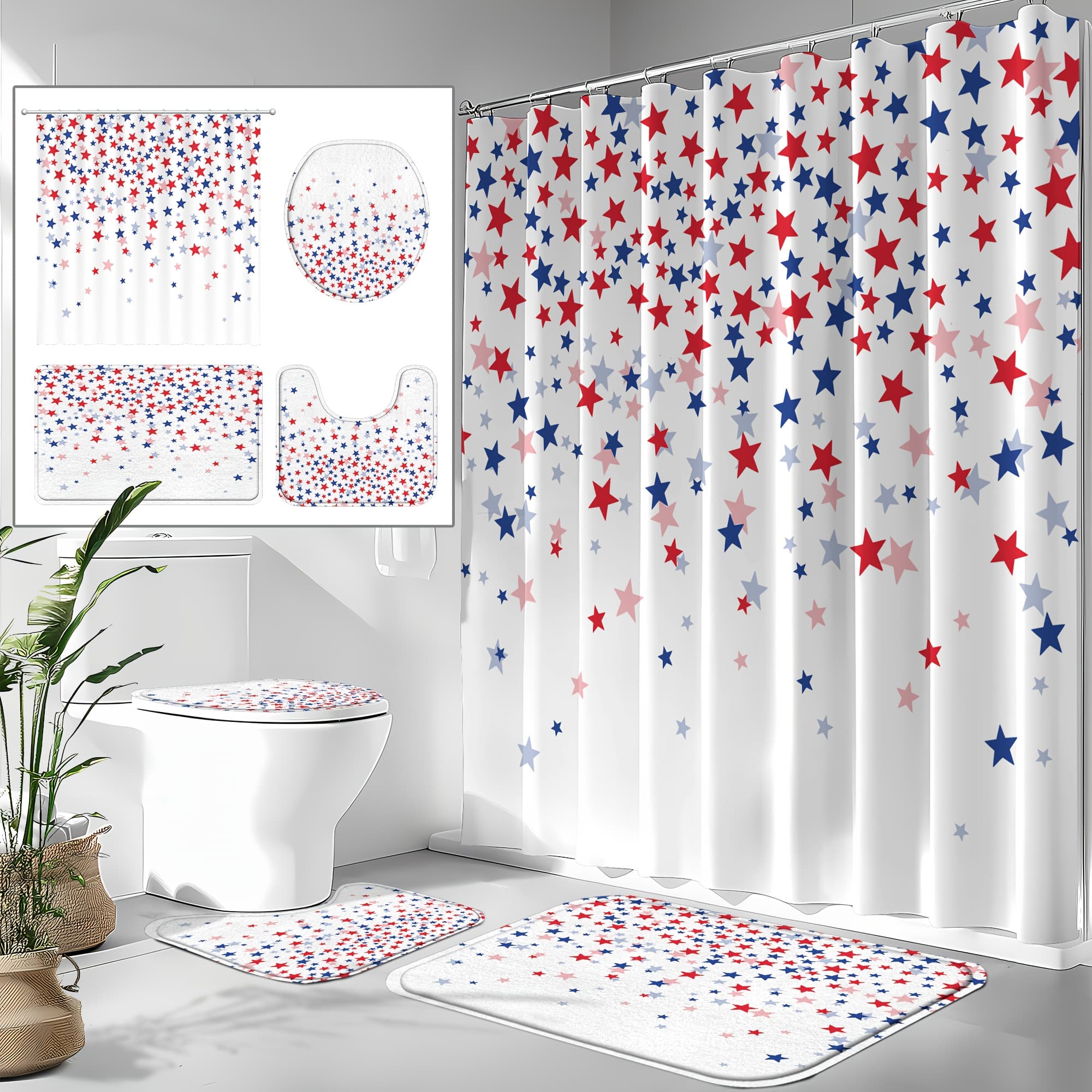 TEMU Set Of 4 Day Shower Curtains, Featuring A Festive Design With Red And , An American Flag Motif, Material, Includes 12 Hooks, A Non-slip Bathroom, A U-shaped, And A Toilet Lid Cover