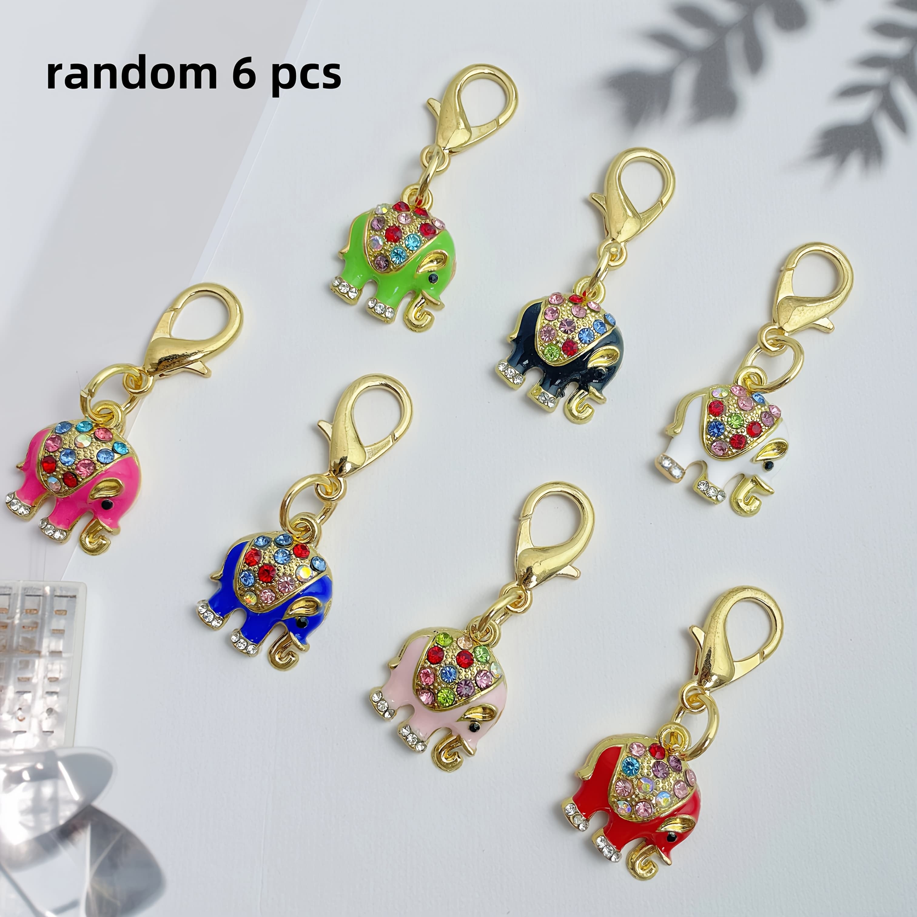 TEMU 6pcs Random Shiny Elephant Keychain Set - Colorful Synthetic Gemstone Decor, Alloy Cartoon Elephant Pendant For Bag Zipper Pulls, Ideal Souvenir Gift, Elephant Ornament Keychain Accessories