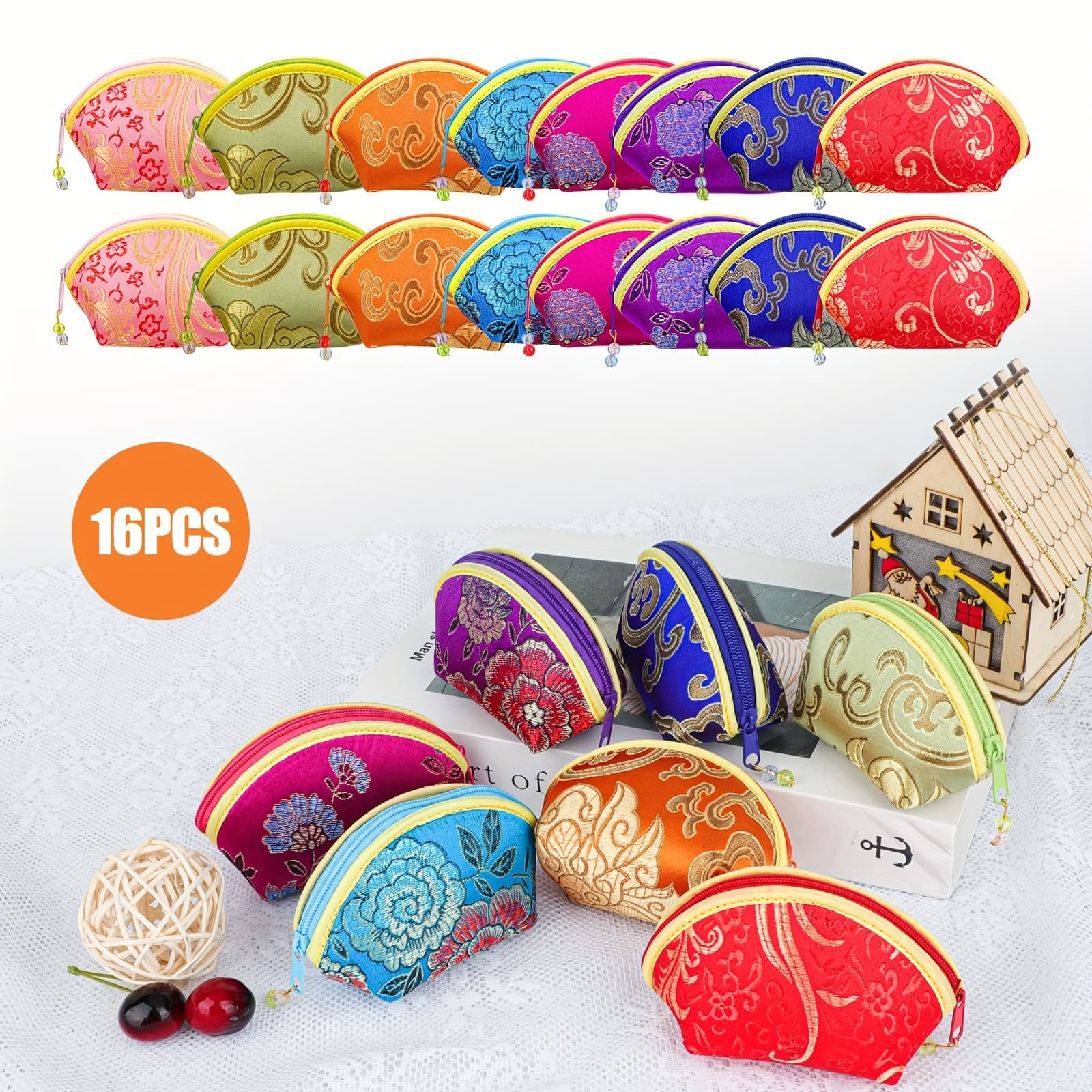TEMU 16pcs Floral Jewelry Storage Bags With Zipper, Portable Jewelry Organizer With Chinese-style Patterns, Multicolor Mini Pouches For Earrings, Rings, And , Ideal For Home And Wedding Favors