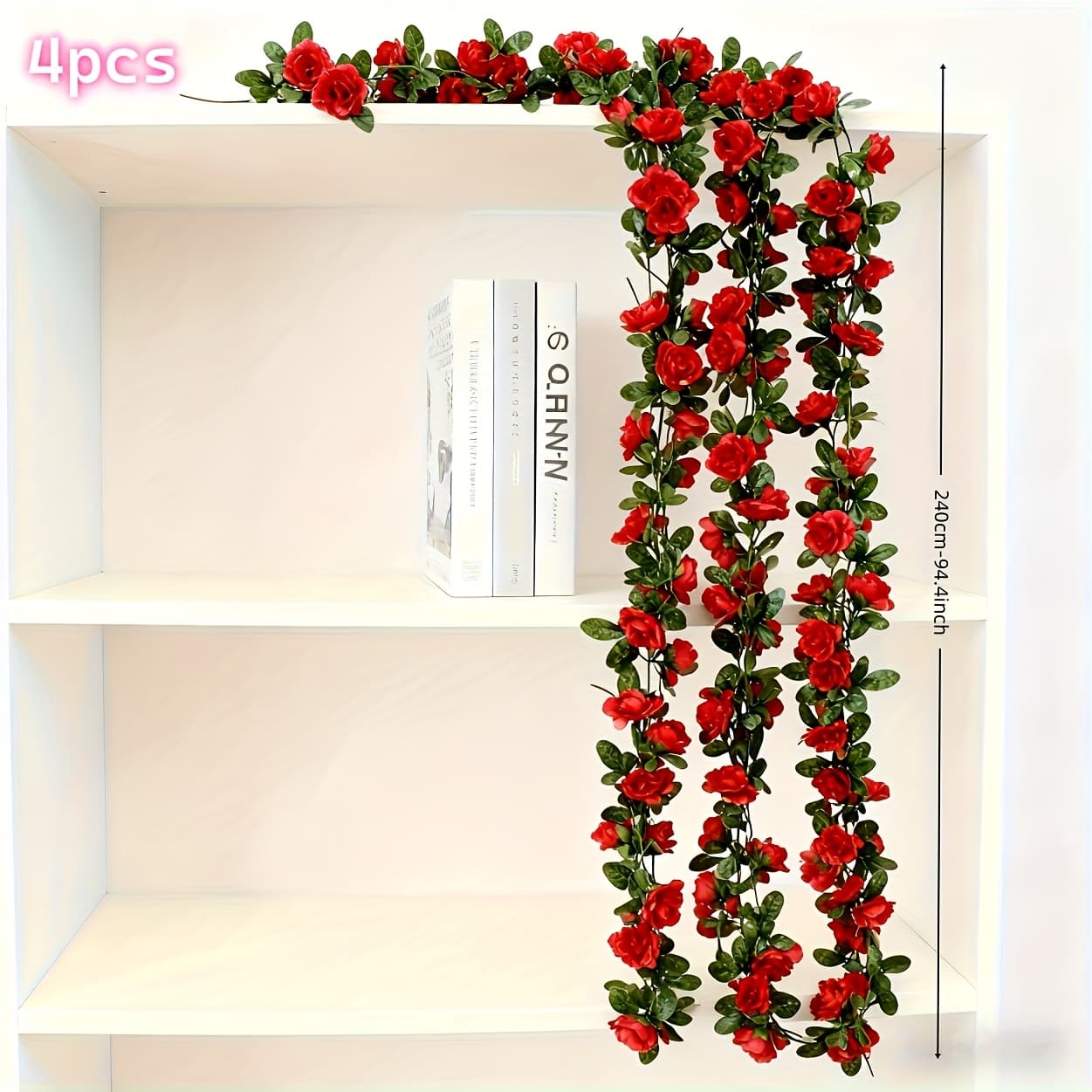 TEMU 94.49-inch Extra-long Artificial Red Rose Vine - Realistic Blooming Garland With Green Leaves, Durable Plastic Decoration, Suitable For Home And Wedding