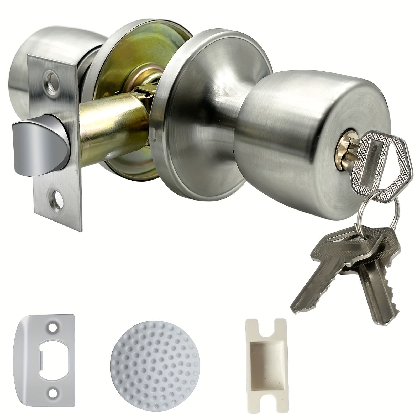 TEMU Elegant Stainless Steel Door Knob With Lock And Keys - Satin Nickel , Round Ball Design For Indoor/outdoor Use, Bedrooms