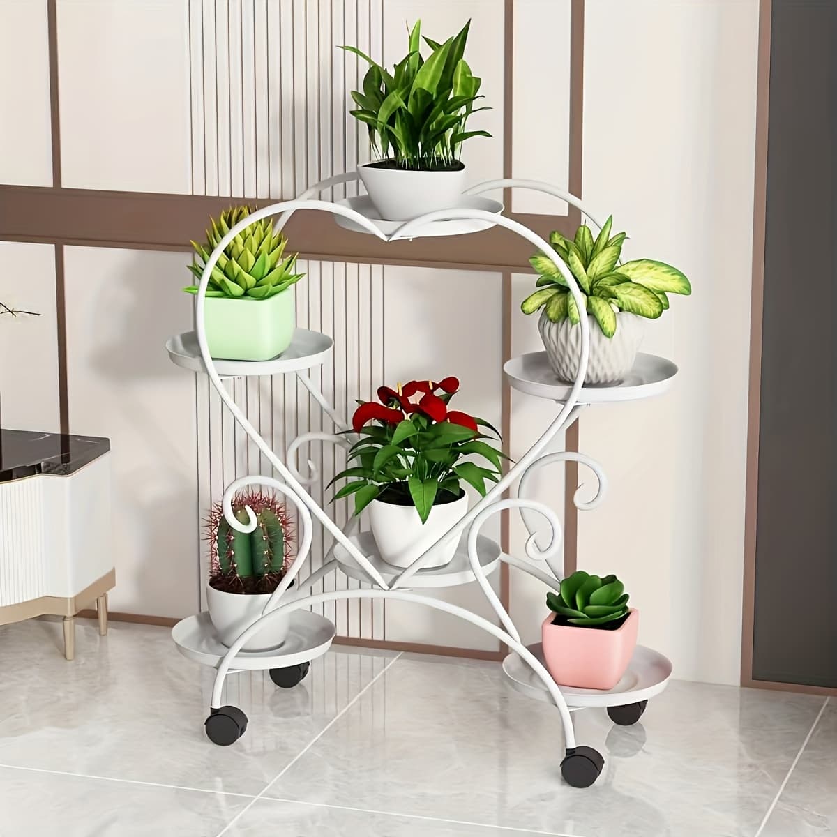 TEMU Contemporary Heart-shaped Metal Plant Stand - Multi-level Hanging Planter Shelf With Multiple Components, Versatile Indoor And Outdoor Floral Decor Display