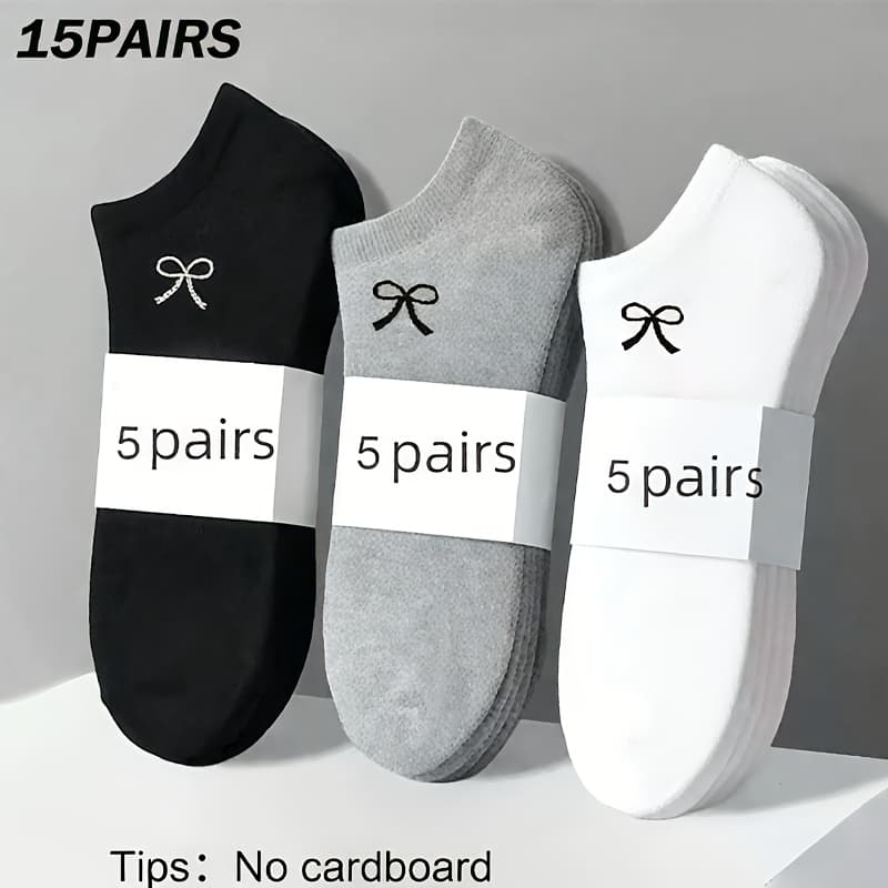 TEMU 15-pair Women's Ankle Socks - Black Bow Boat Socks, Versatile For Daily Wear, Suitable For Spring And Summer