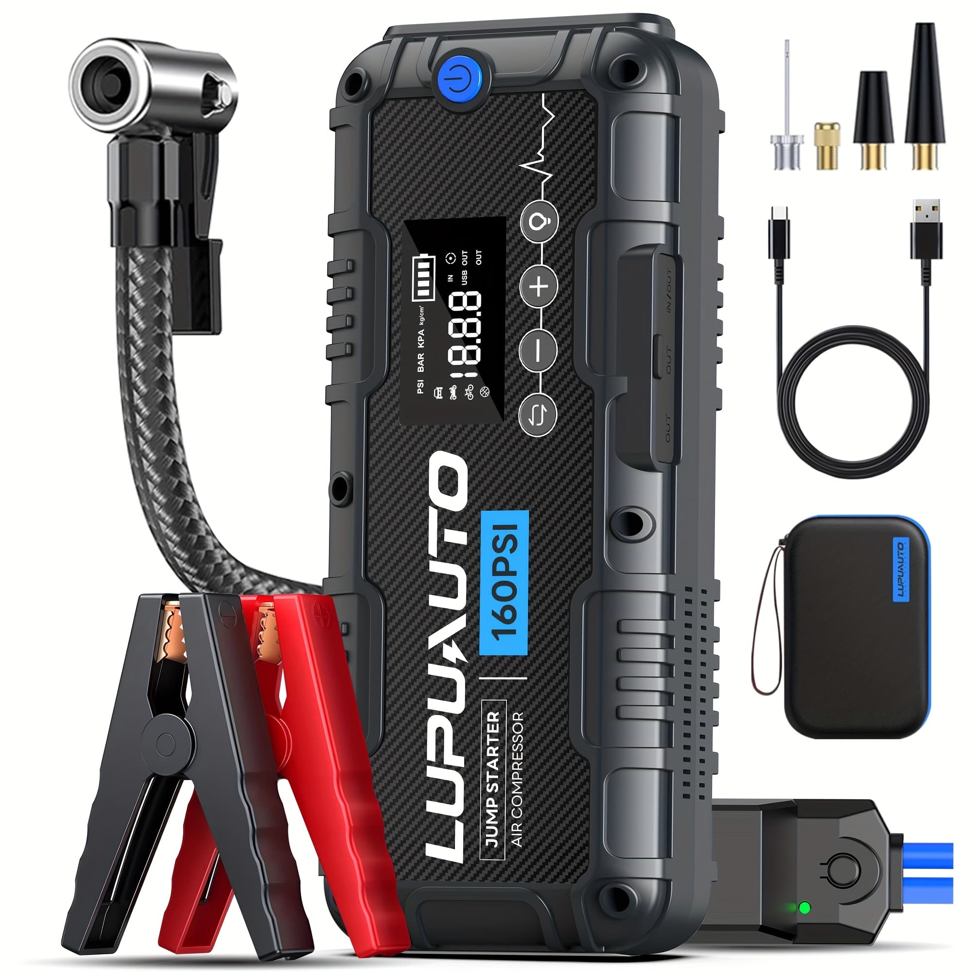 TEMU Portable Car Jump Starter With Air Compressor, 7000a Car Battery Jump Starter (10l Gas/8.5l ), 160psi Tire Inflator 12v Car Battery Jumper Starter Portable With Jumper Cables, Led Light