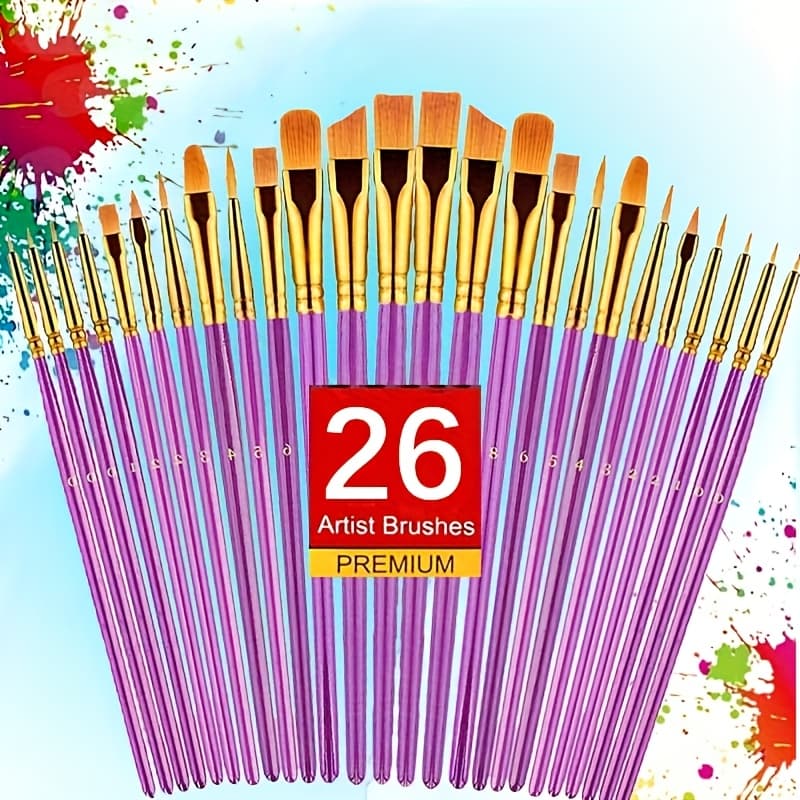 TEMU 26pcs Brush Set - Nylon Brushes, Suitable For Oil And Watercolor Painting - Ideal For Master Artists And Beginners -