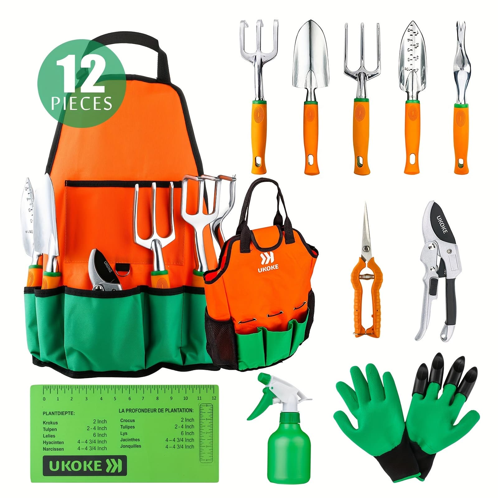 TEMU Garden Tool Set, 12 Piece Aluminum Hand Tool Kit, Garden Canvas Apron With Storage Pocket, Outdoor Tool, Heavy Duty Gardening Work Set With Ergonomic Handle, Gardening Tools For Women Men