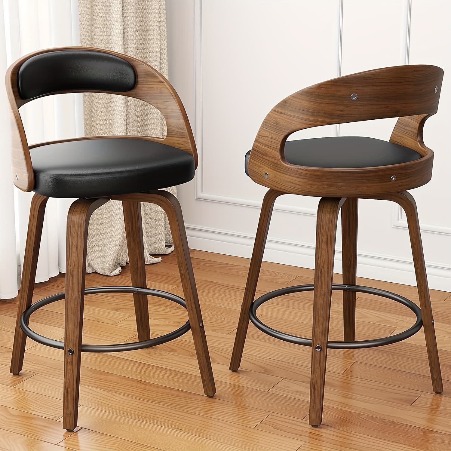 TEMU Set Of 2 Contemporary 26-inch Bar Stools With A Counter Height, Featuring Ergonomic Faux Leather Swivel Seats, Sturdy Wooden Legs, And A Metal Footrest, Designed Without For Use In Kitchens And