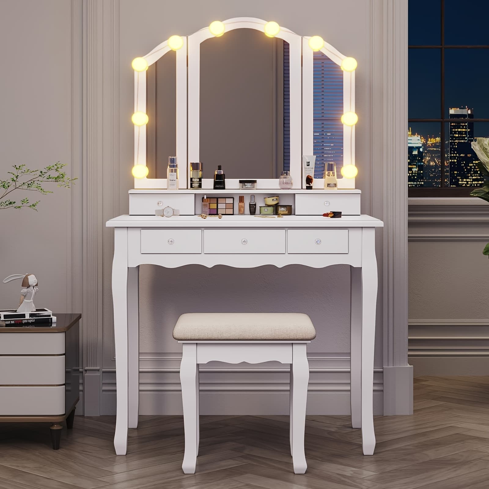 TEMU White Vanity Table Set With Lighted Tri-folding Mirror, Makeup Vanity With 5 Drawers, Vanity Desk With Mirror And Stool, Makeup Table, 3 Color Lighting
