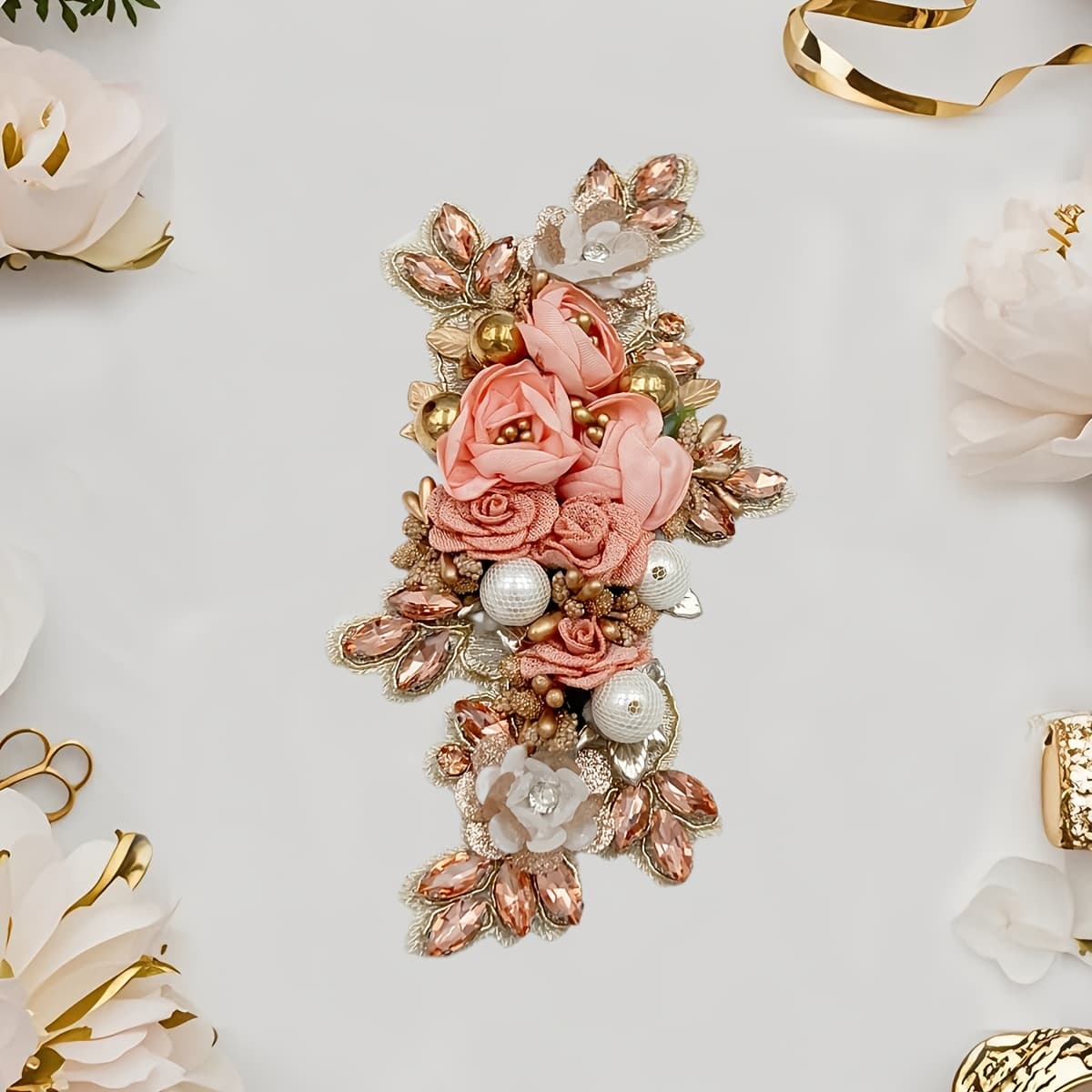 TEMU Baroque Style Heavy Embroidered 3d Floral Applique, Luxurious Faux Pearl & Patch For Sewing, Bridal Gowns, Clothing, And Hair Additions