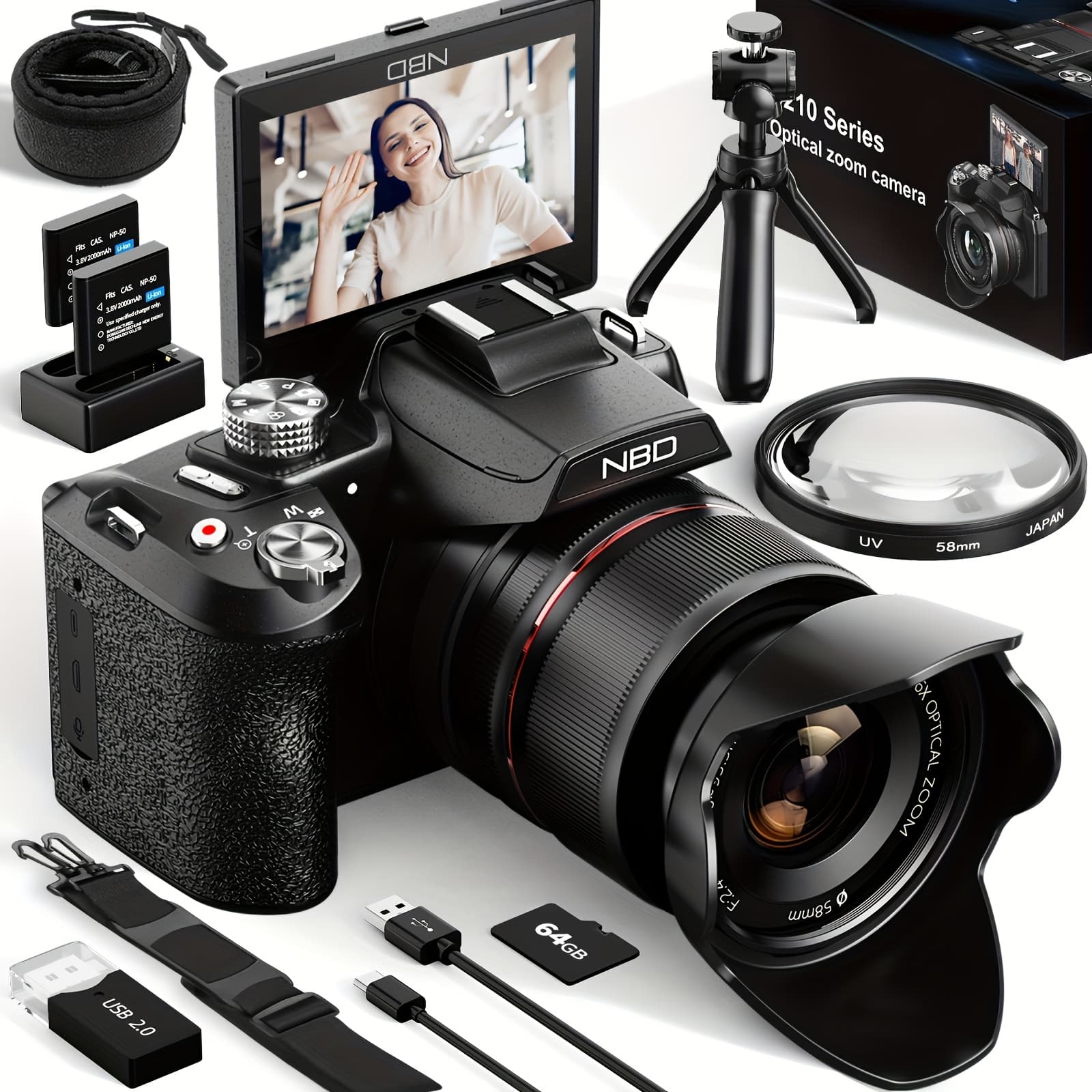 TEMU Nbd 64mp Digital Cameras For Photography, 16x Optical Zoom Camera With Wifi & App Control, 5k Vlogging Camera With Flipable 3-inch Screen, Auto Focus, Bag, 2 Batteries, Camera Strap&64gb Card