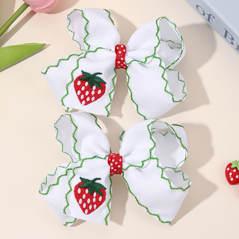 TEMU 2pcs White Grosgrain Bow Hair Clips With Green Edge & Embroidered Strawberry Sweet Accessories Ideal For Daily Cute Outfits