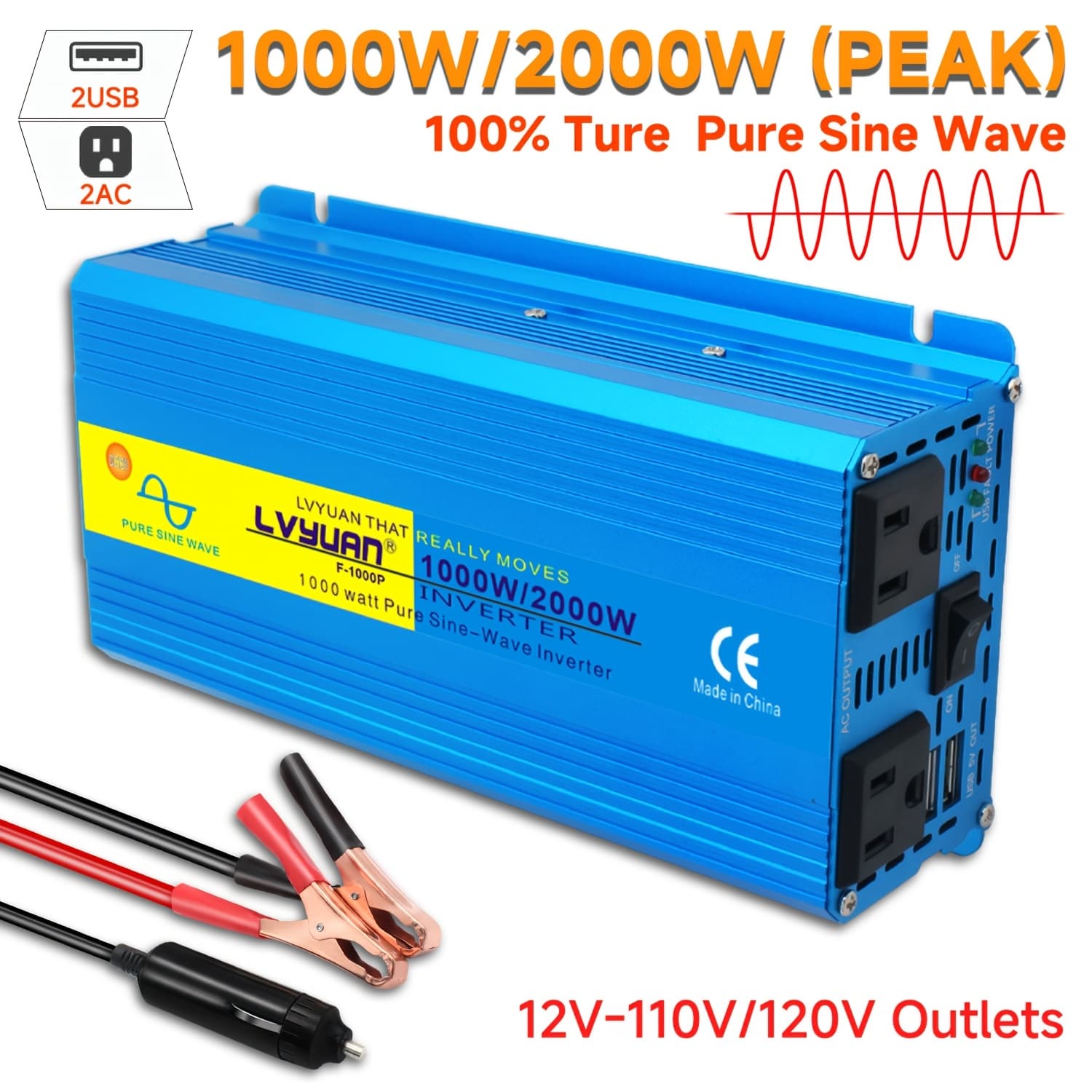 TEMU Pure Sine Power Inverter 2000w ()/1000w Vehicle Power Inverter 12v To 110v Socket Transformer, Vehicle And Marine Universal Portable Automatic Power Adapter, 24v Car Additions, Without Battery