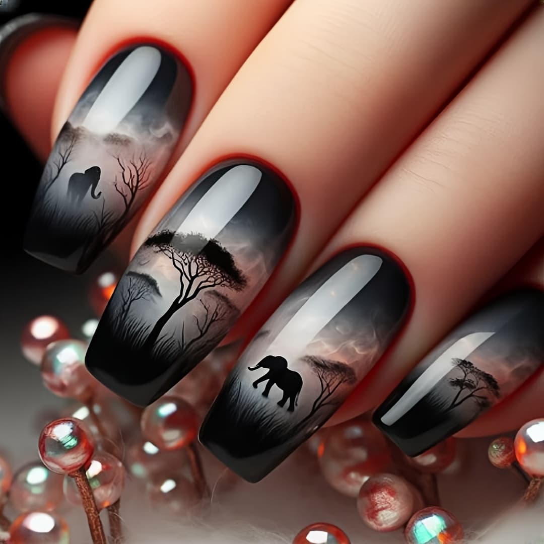 TEMU 24pcs Black Prairie Forest -on Nails - Glossy Abs Nail Art With Black & Design, Easy Application For Women & S, Machine-, , Medium Length, Includes Nail File & Stick