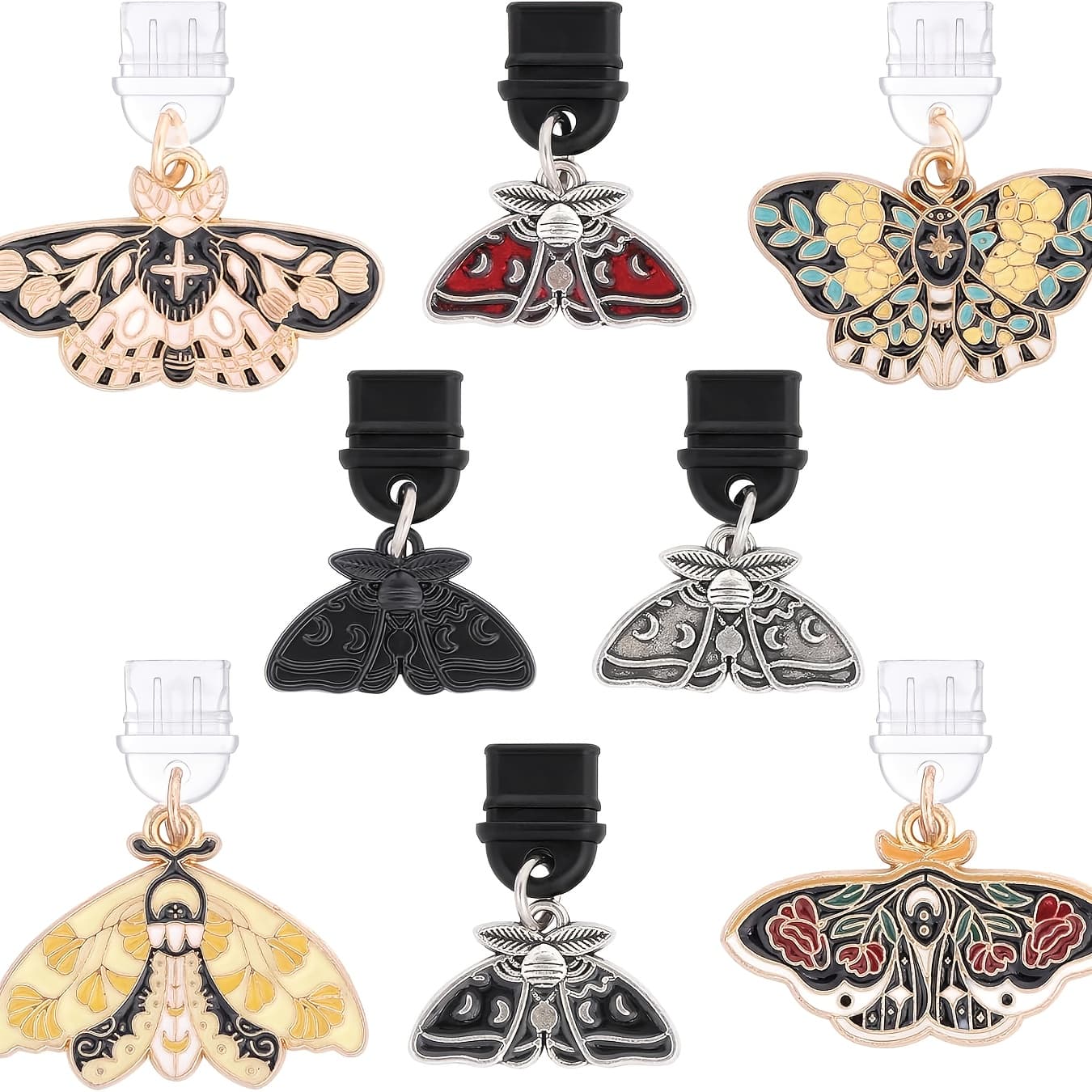 TEMU Set Of 8 Floral Moth Dust Plug Charms - Aesthetic Pendants Suitable For , Bohemian Fantasy Style Charging Port Protectors For Type C/usb C Phone Charm Additions