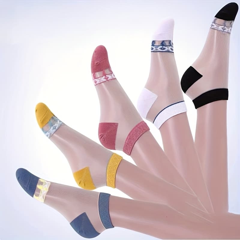 TEMU 5 Pairs/pack Women's Spring Summer New Boat Socks, Transparent Crystal Socks Breathable Thin Invisible Short Socks