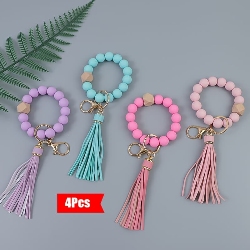 TEMU Set Of 4 Stylish Silicone Bead Keychain Additions For Bags, Anti-loss Car Keychain Pendant, Gift