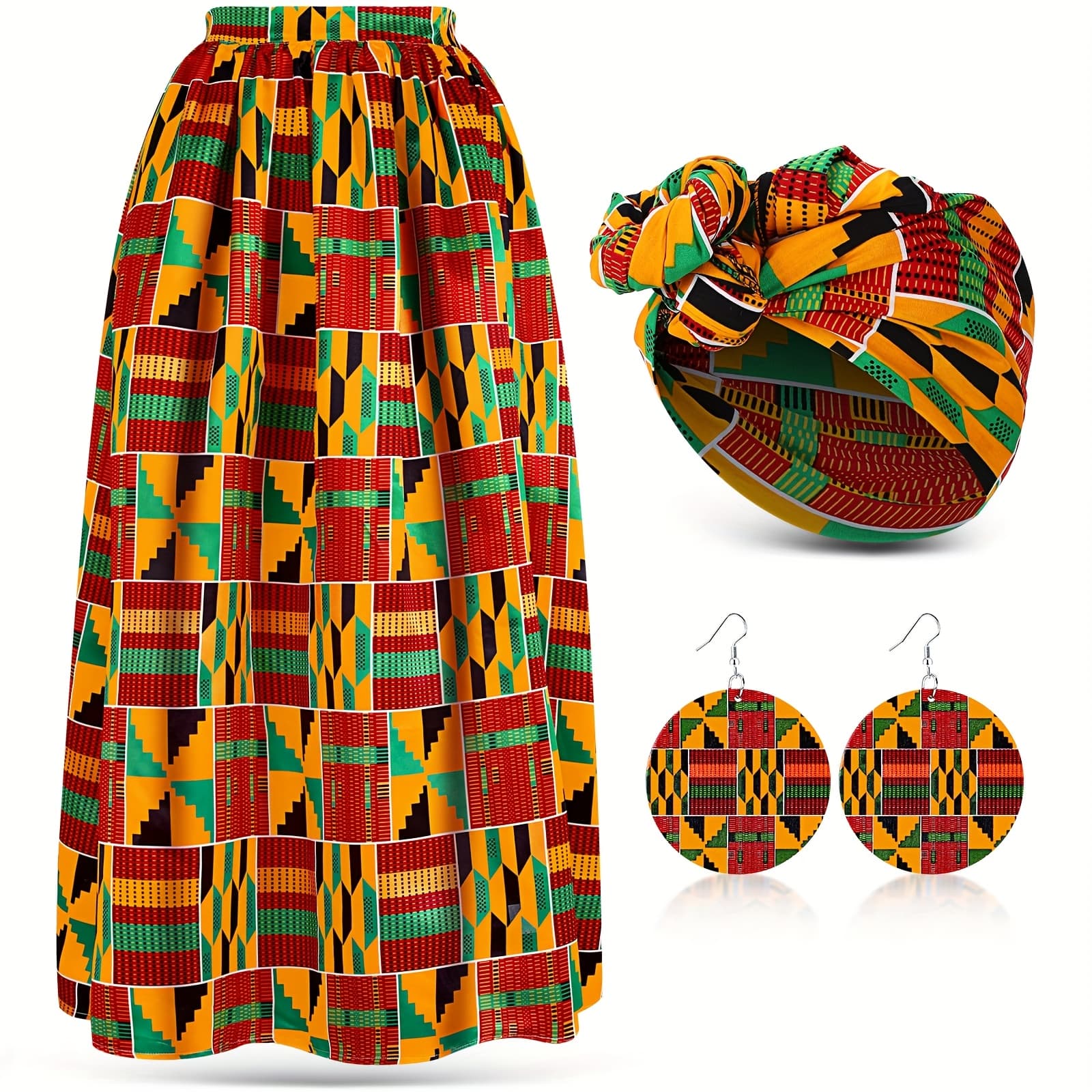 TEMU 3pcs Women African Printed Maxi Skirt With Pockets Set | Casual Stretch Head Wrap Scarf, Drop Dangle Earrings - , Large, And Spandex, Unittype Brand