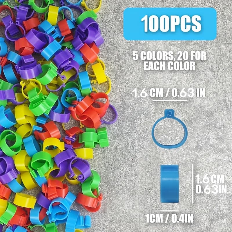 TEMU 100pcs Colorful Chicken Leg Bands - 16mm Clip-on Poultry Identification Rings, Durable Plastic, & Urban Agricultists, 5 Colors, Chicken Leg Ring