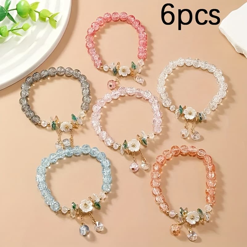 TEMU 6 Elegant And Floral Crackle Glaze Glass Beaded Elastic Bracelet Set Stackable Holiday Jewelry Gift, Random Color