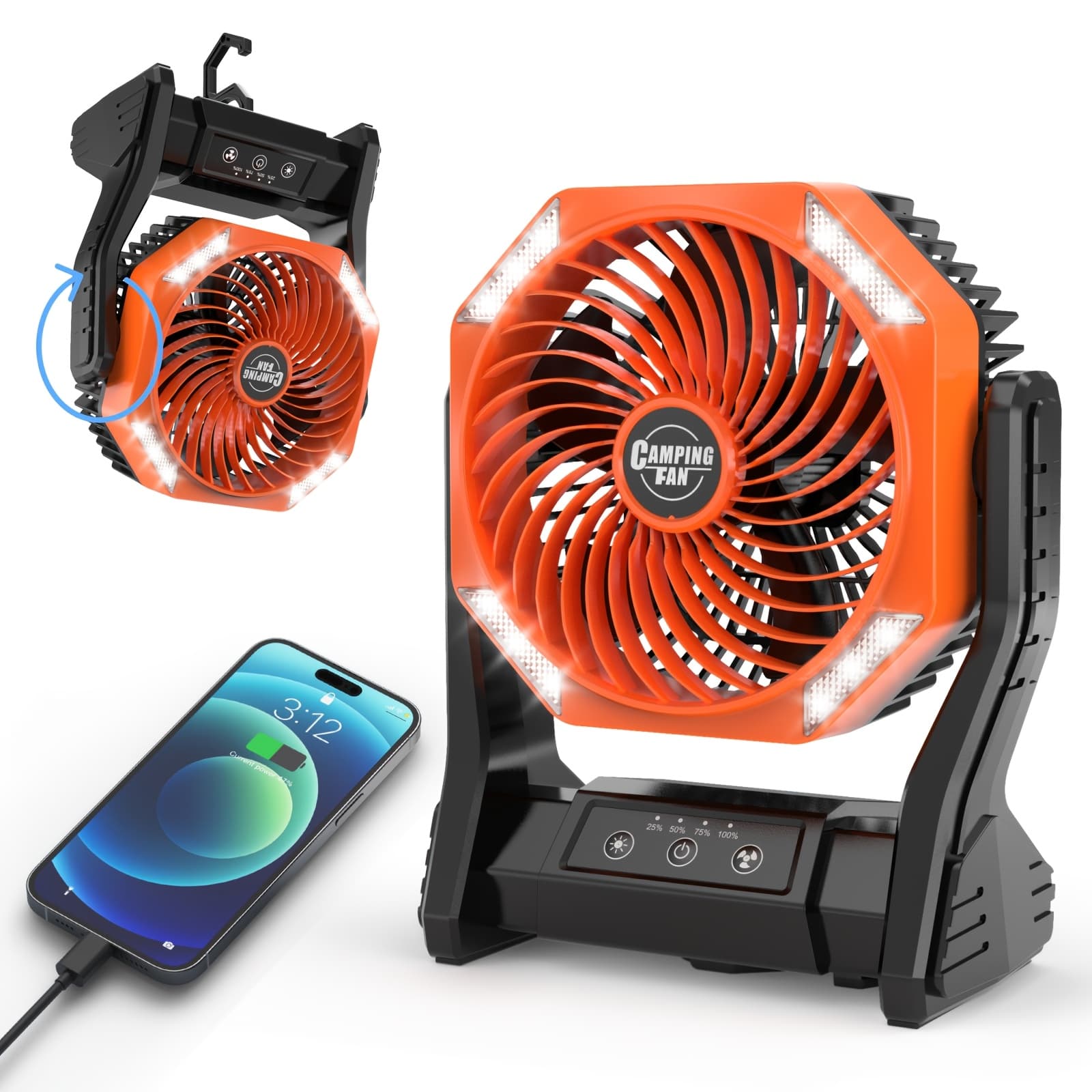 TEMU 20000mah Camping Fan With Led Light, Adjustable Brushless Motor, 270° Rotatable Portable Outdoor Fan, 22-26 Hours Long , Long Lasting Outdoor Cooling Fan Cooling Fan For Camping Gym Sports Events