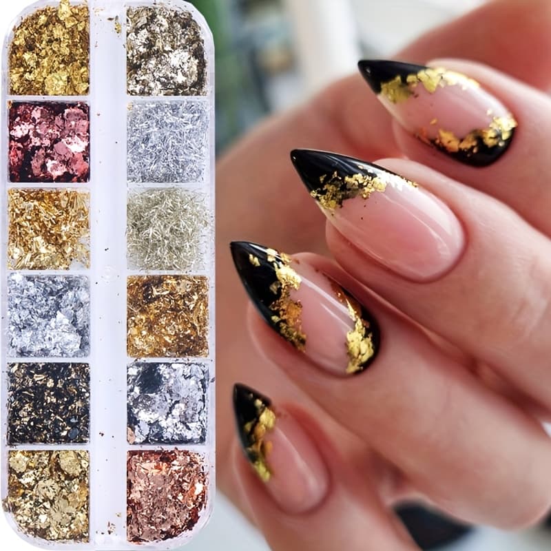 TEMU 12-grid Box Golden And Silvery Foil Nail Art Decorations, Foil Nail Additions Patches Sequins, Home Nail Salon, Nail Art Supplies For Women And