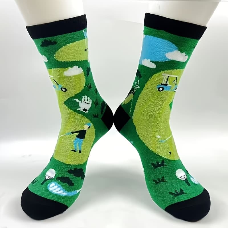 TEMU 1-pair Men's Novelty Golf Socks With Golf Lettering & Course - Mid-calf Length Breathable Outdoor Sports Socks Suitable For Golfing, Camping - Perfect Gift For Male Athletes & Golf Enthusiasts