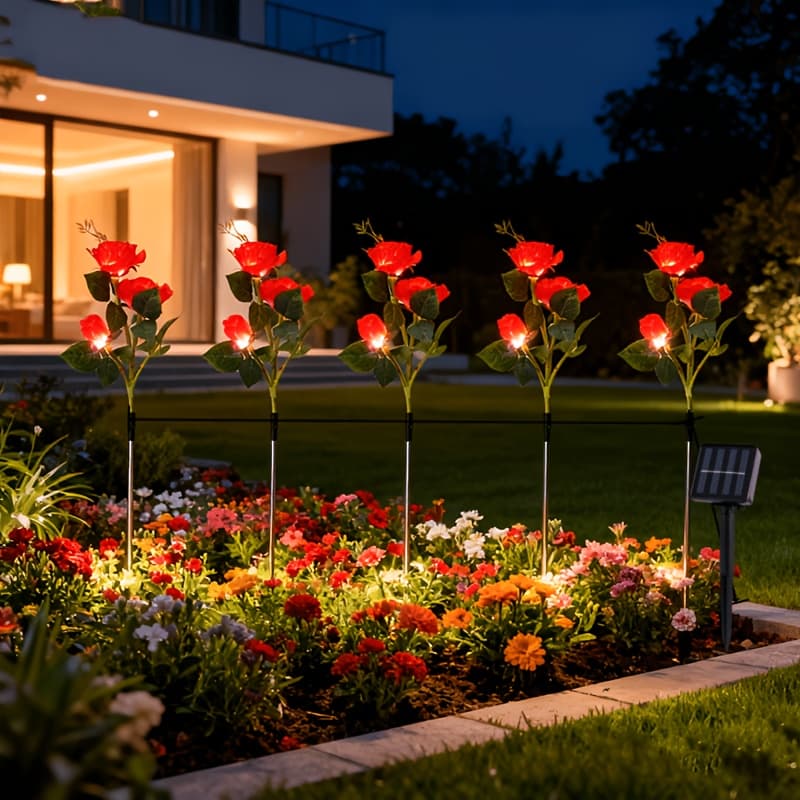TEMU 5pcs Solar Artificial Rose Flowers, Durable Plastic Led Solar Outdoor Lights, Energy Saving Outdoor Stake Lights, Decor For Garden, Pathway, Yard, Perfect For Wedding, Summer And Decoration