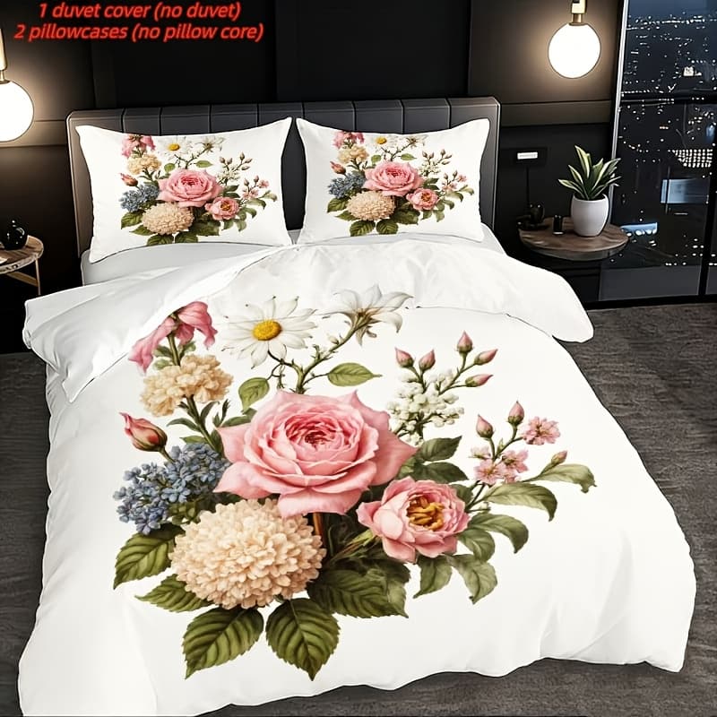 TEMU 3pcs Elegant Floral Duvet Cover Queen King Size, Pattern Bedding With Pillowcases, White Botanical Print Comforter, Soft Microfiber Bedroom Decor For All Duvet 2 Pillowcases