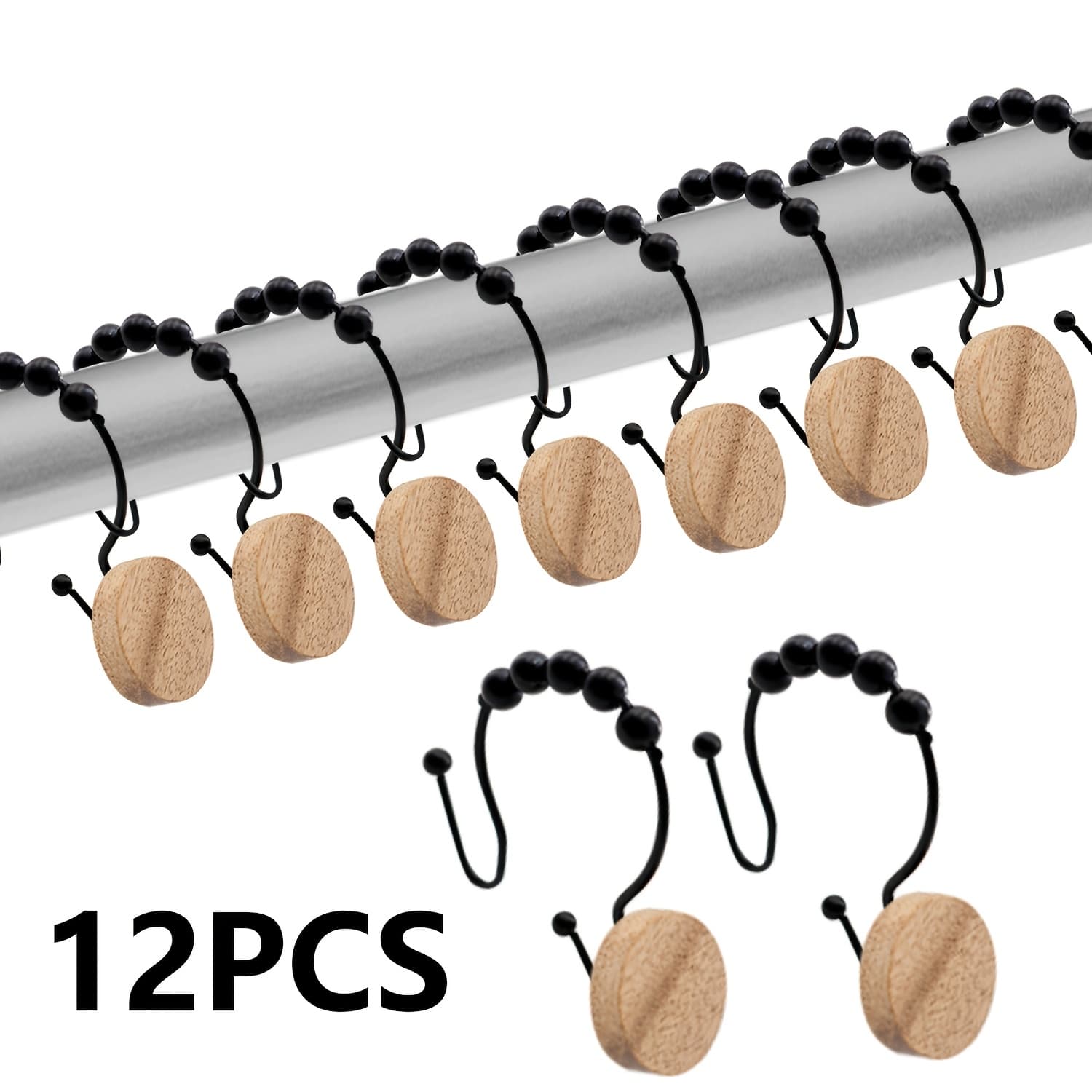 TEMU 12pcs Wood Decorative Curtain Hooks, Shower Curtain Hooks For For Bathroom, Living Room, Modern Decorative Shower Curtain Hangers For Shower Curtain Rod