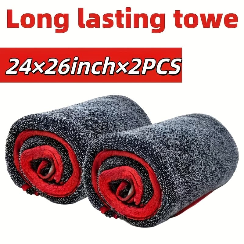TEMU 2pcs Xxl Extra Large Microfiber Drying Towel With Twist Ring Design - Super Absorbent Thickened Technology Suitable For Cars, Trucks, Boats - Red And Gray Detail Cloth, | Absorbent Material