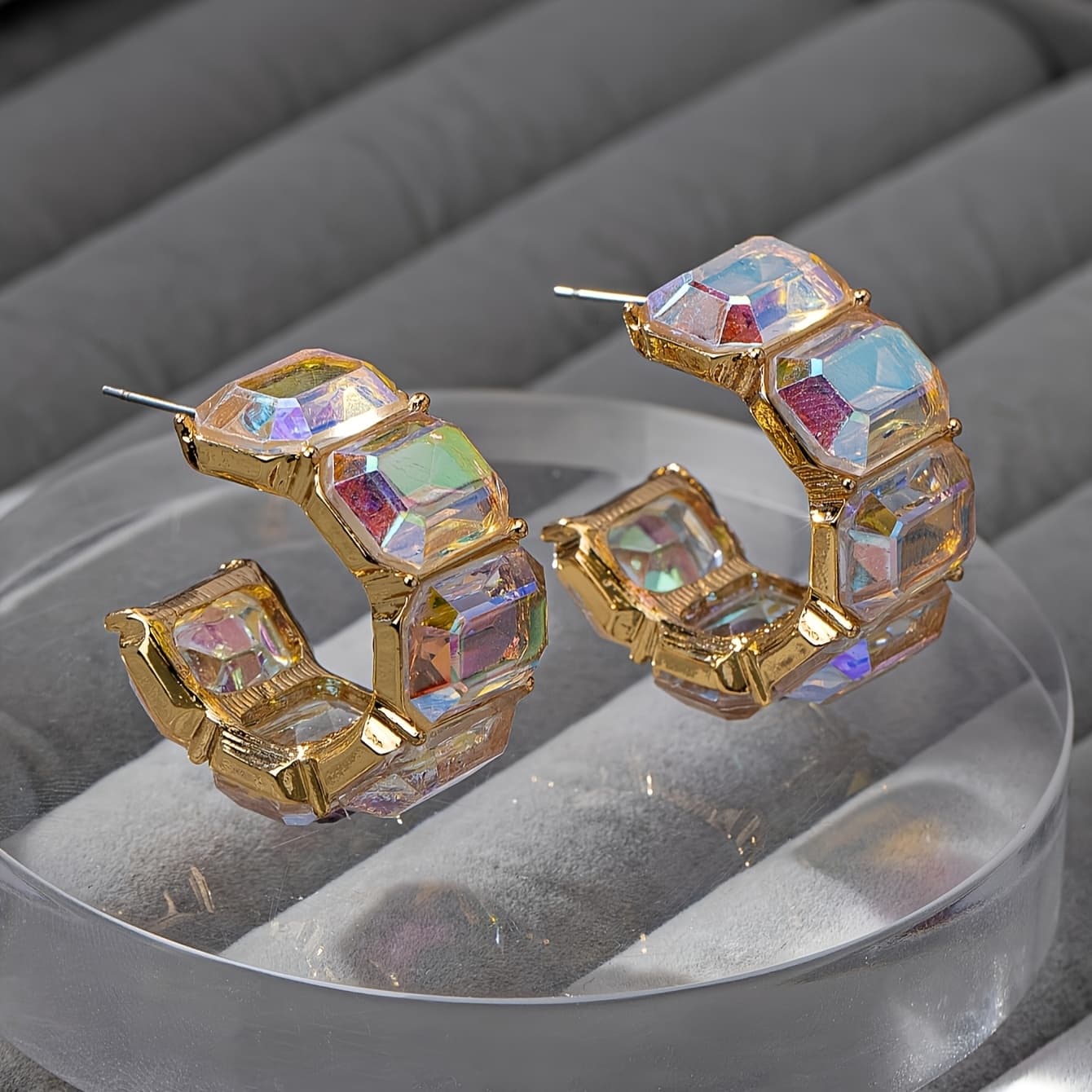 TEMU Pair Of Elegant -bling Ab Multicolor Resin Hoop Earrings Women's Holiday Birthday Date Prom Banquet Party Vacation Shopping Daily Additions