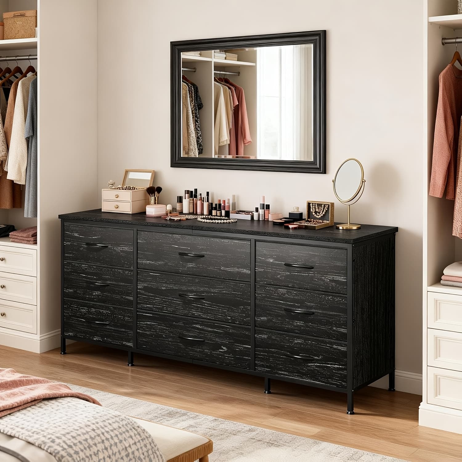 TEMU Dresser Tv Stand With 9 Lockers For 60'' Tv Stand For Bedroom Long Dresser For Bedroom Wide Dressers & Chests Of Lockers, Sturdy Metal Frame & Wood Top, Living Room, Closet,