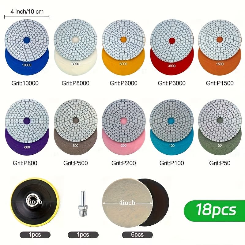 TEMU Set Of 18 Diamond Polishing Pads, Measuring 4 Inches, With Grit Ranging From 50 To 10000, Suitable For Drills, Grinders, And Polishers - Ideal For Concrete, Marble, Countertops, And Quartz