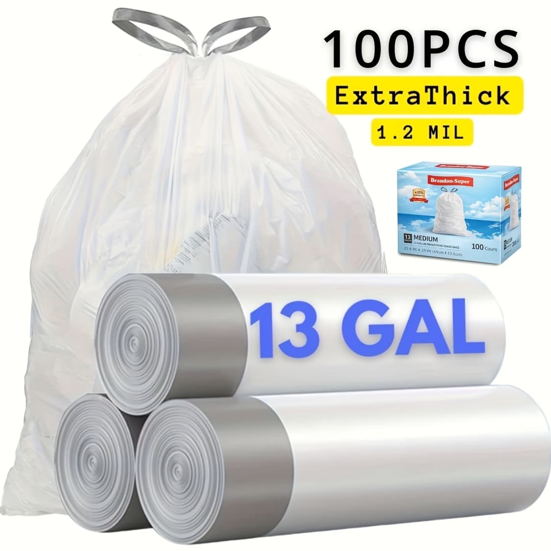 TEMU 100/200-pack/ 4/ Heavy Duty 13 Gal Drawstring Trash Bags - Leak-proof Commercial-grade Garbage Liners For Restaurants, Offices & High-traffic Areas - Extra Thick Tear-resistant Design
