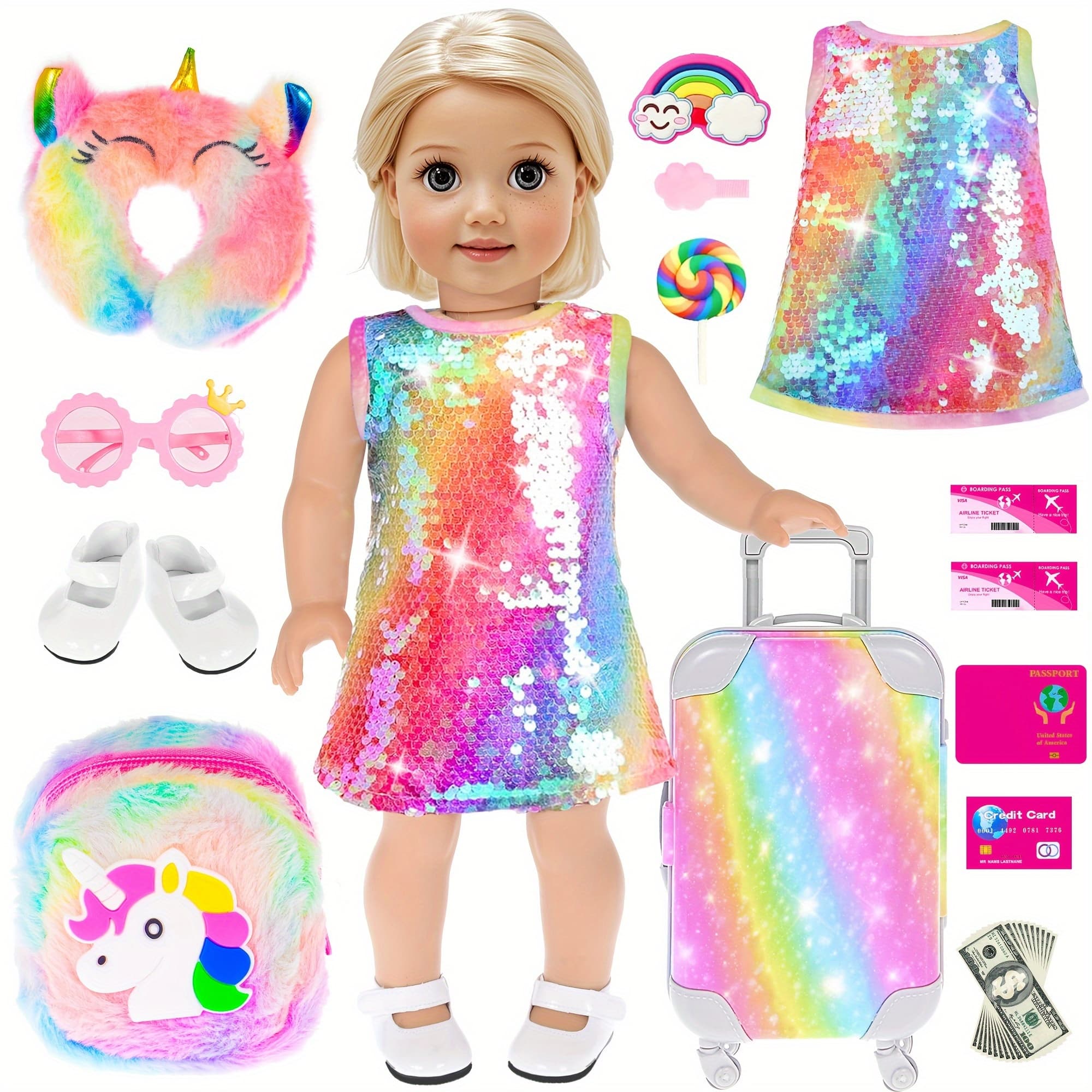 TEMU Luggage Travel 24pcs 18 Inch Girl Doll Clothes And Accessories School Play Set Suitcase Pillow Handbag Dress Glasses Shoes (no Doll)