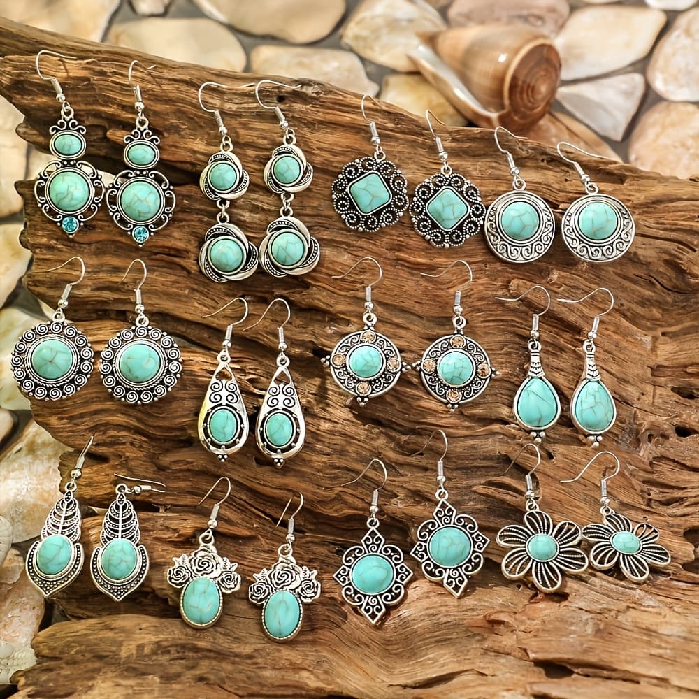 TEMU 12pcs Bohemian Turquoise Earring Set Exquisite, Fashionable, And Minimalist For Women's Casual Attire, Vacations, Parties, And Holidays Ideal Gift