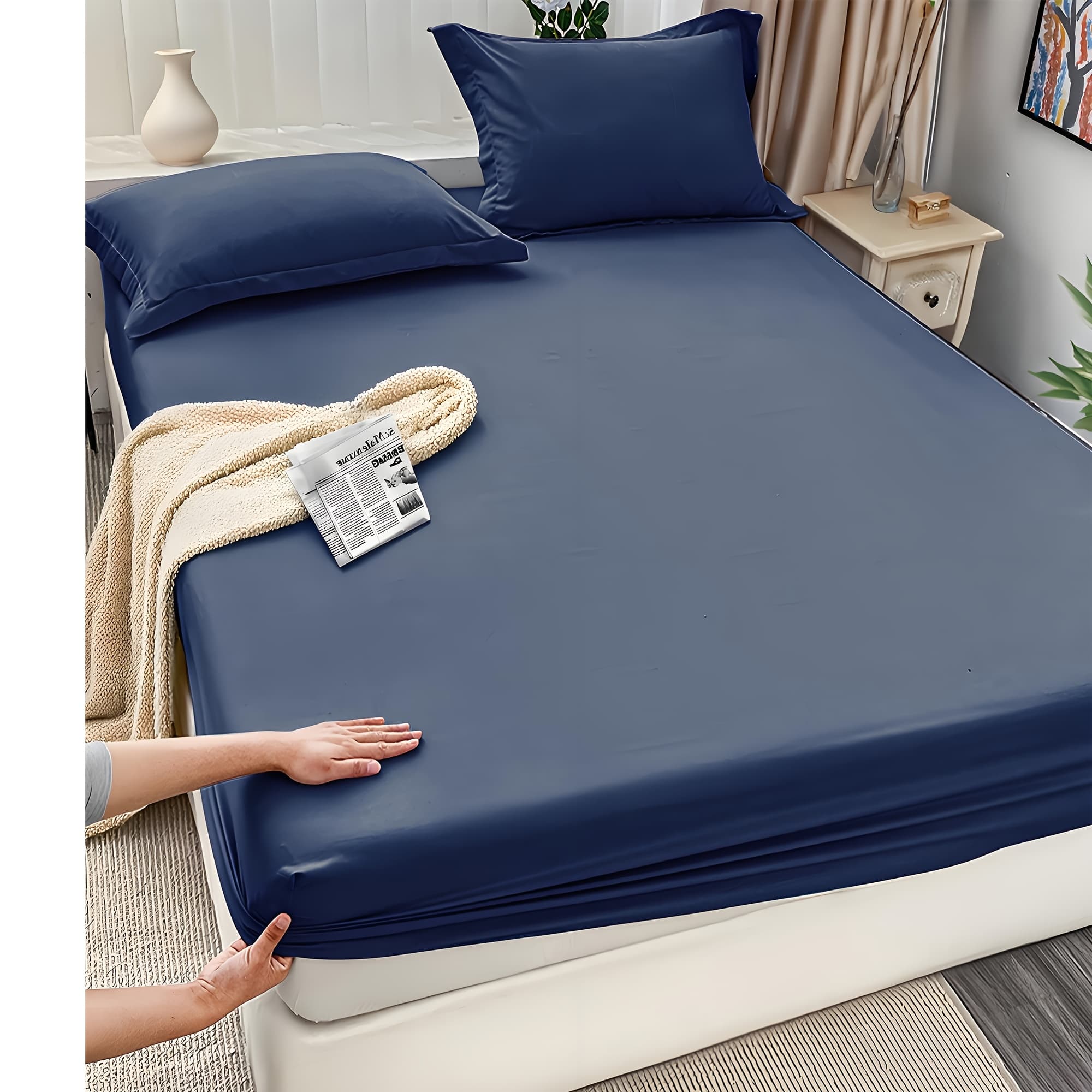 TEMU 3pcs Soft And Breathable Solid Color Bed Sheet Set, 14" Deep Pocket, , Includes 1 Fitted Sheet & 1 Pillowcases, Machine Washable For