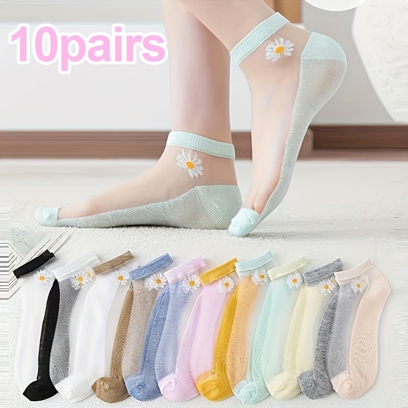 TEMU 10-pair Women's Daisy Ankle Socks - Breathable Thin Summer Socks With Embroidery, Polyester And Spandex, Ribbed Cuffs, Cute Socks