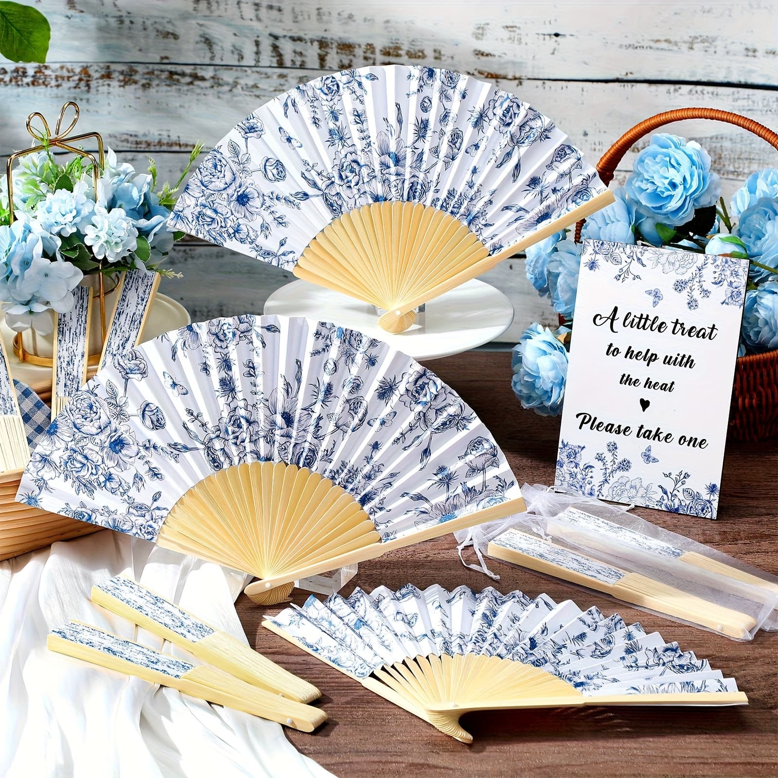 TEMU Bulk Set Of 51 Wedding Favors For Guests, Including 25 Foldable Handheld Paper Fans, 25 Organza Bags, And A Table Sign, All In Dusty Blue Decor For Bridal Shower Appreciation