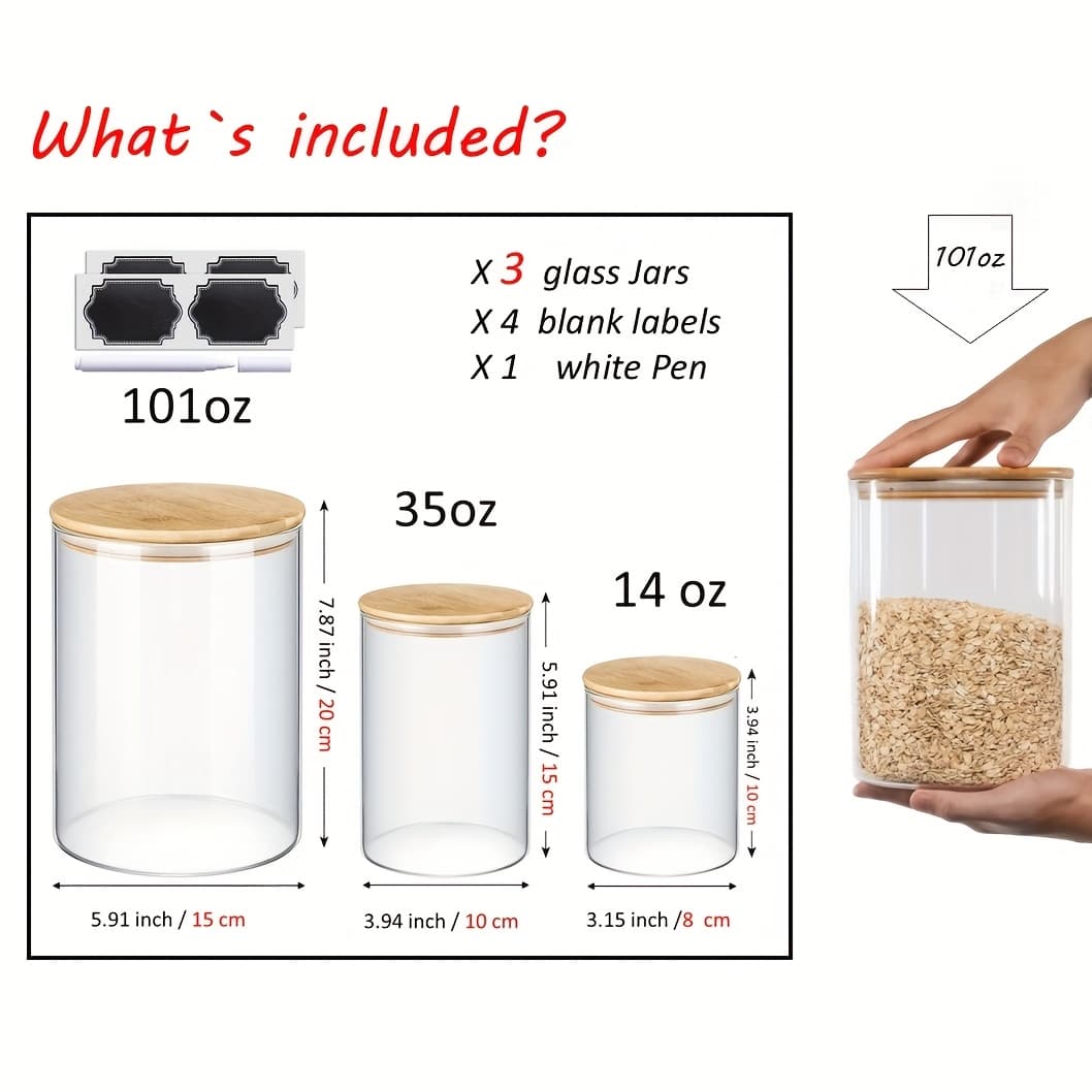 TEMU Set Of 3 Glass Jar Set (1x 101oz/1x /1x 14oz) With Bamboo , Round Canister Jars With Sticker Labels, Food Storage Containers