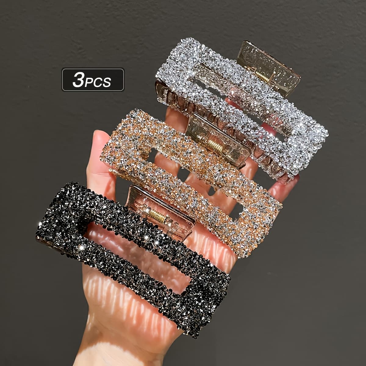 TEMU 3pcs Glittering New Square Grab Clip Women's Temperament Back Of Head Hair Clip Versatile Shark Clip Tie Hair Bun Hairstyle Headwear