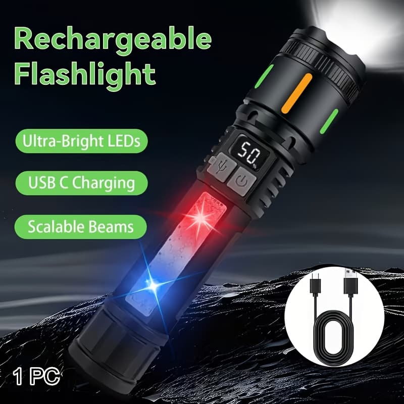 TEMU 1/2pcs High Led Handheld Flashlight|battery Poweredwith 5 Light , Cob Side Light, Usb C Charging, Power Display, Beam, Madeof High-refractive-index Polymer, 100 , 5m Range, Without Battery